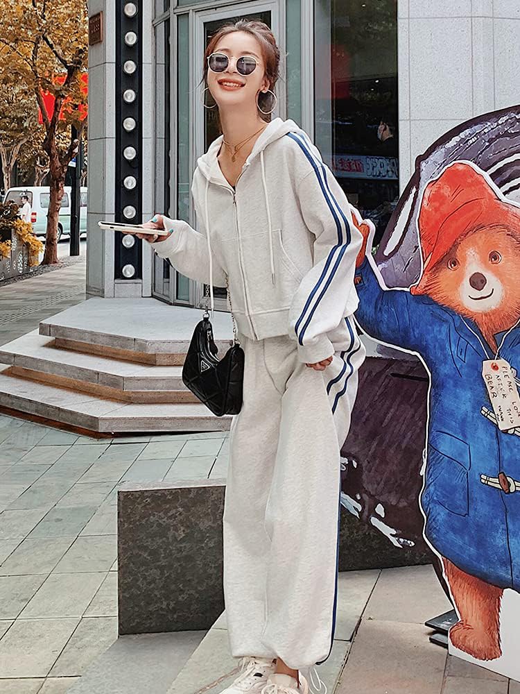 Hoodie and Tracksuit Sweatshirt with Sports Casual Loose Korean Plus NTZ05 D.IIZOO Women's Spring/Autumn 2-Piece Set, Zip-Up Pants, Loungewear, Fit,