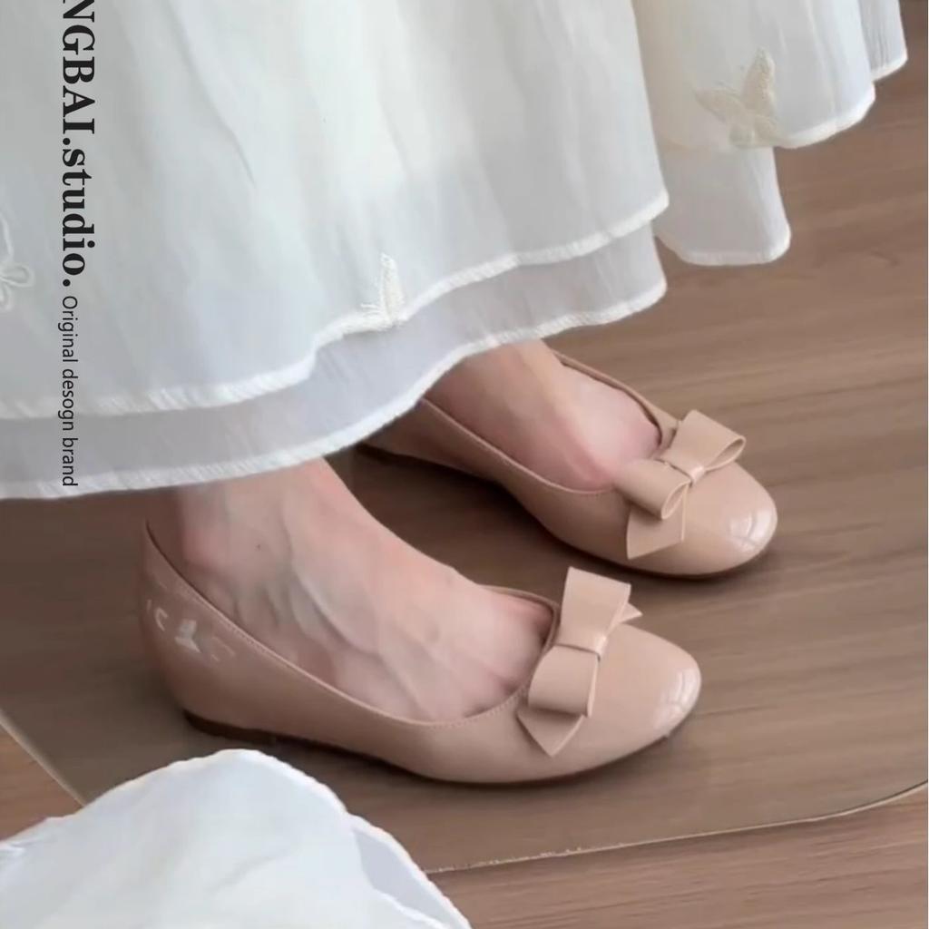 Small Inner Height Increase Nude Single Shoes Women's 2025 New Summer Bow Commuter Versatile Flat Ballet Shoes