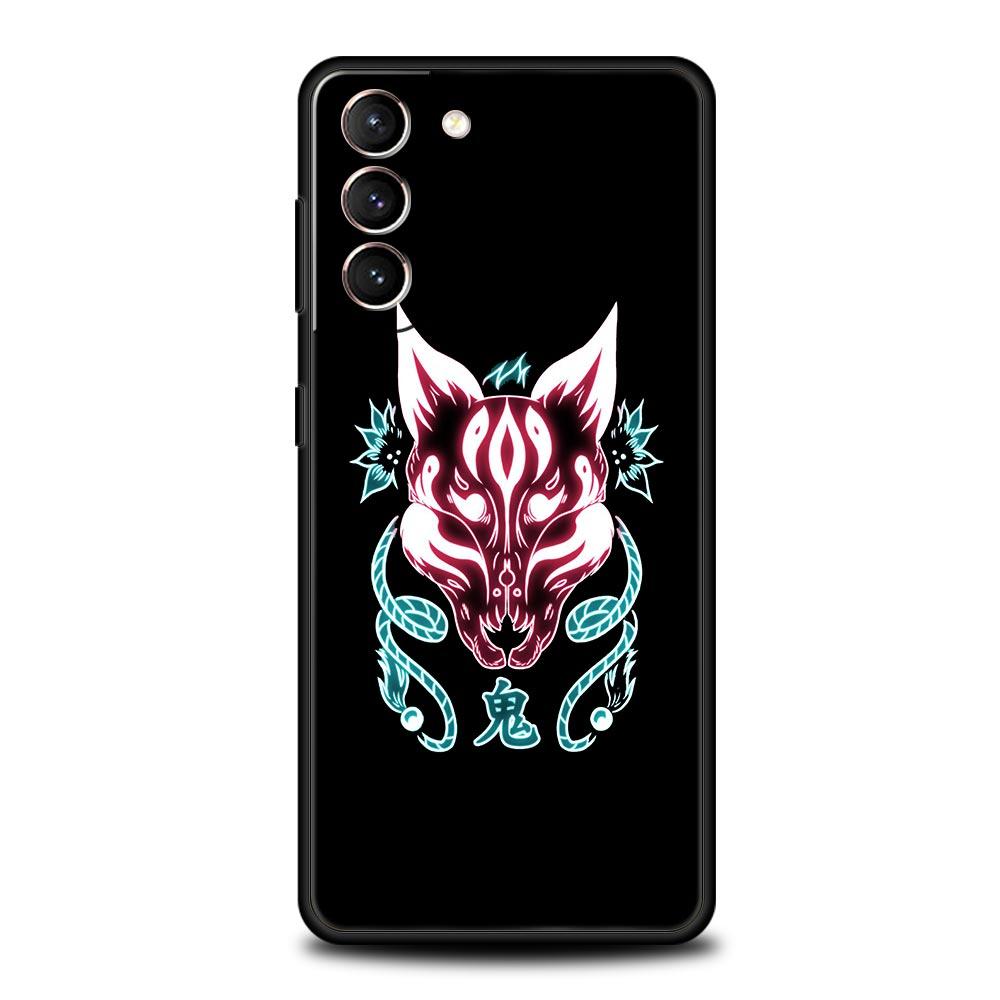 Samurai Oni Mask Neon Phone Case For Samsung Galaxy S24 S23 S22 5G S20 Ultra S21 FE S10 S9 Plus S10E S8 Lite 20 Soft TPU Cover