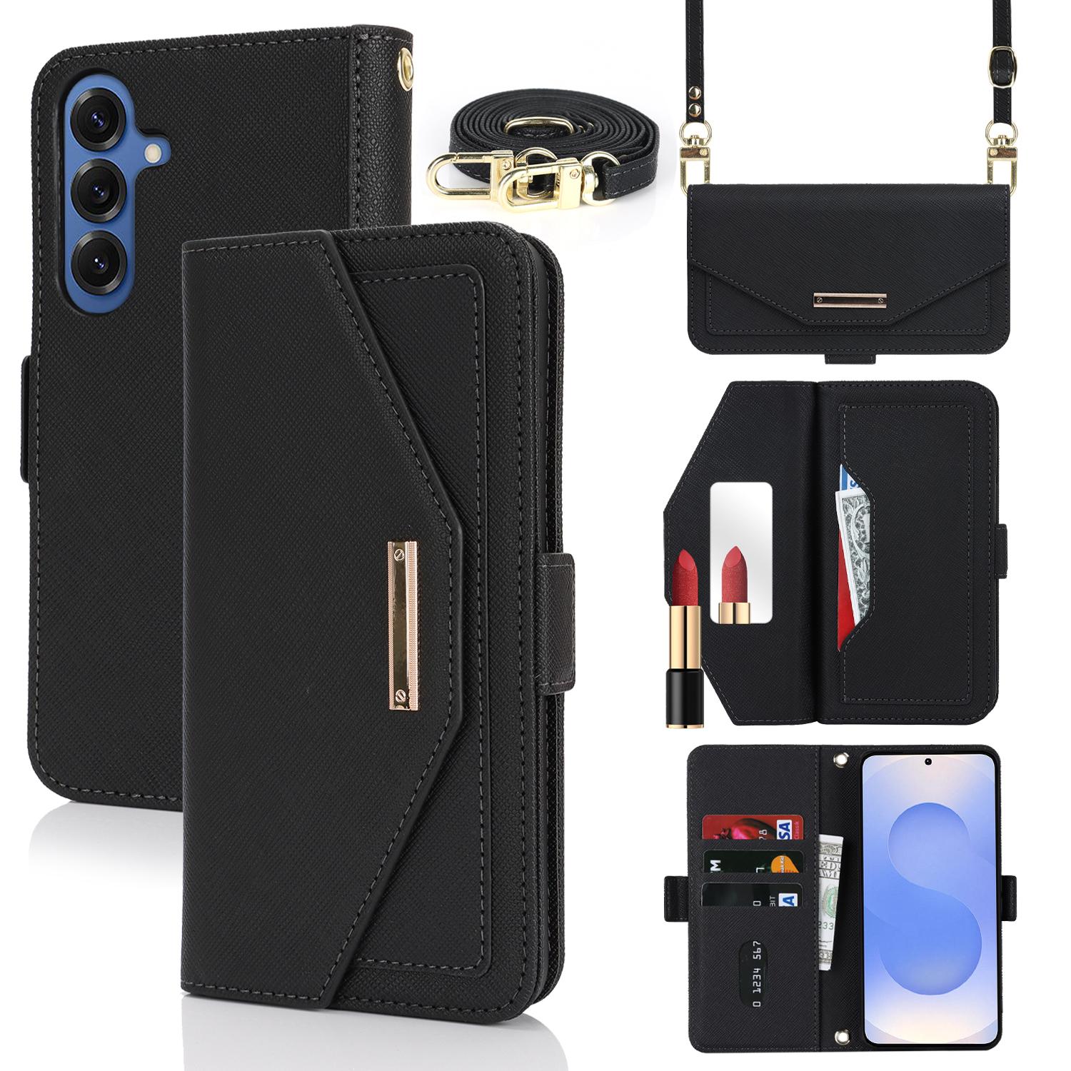 

For Samsung Galaxy S25 Stand Case Cross Texture PU Leather Wallet Phone Cover with Shoulder Strap/Makeup Mirror Black
