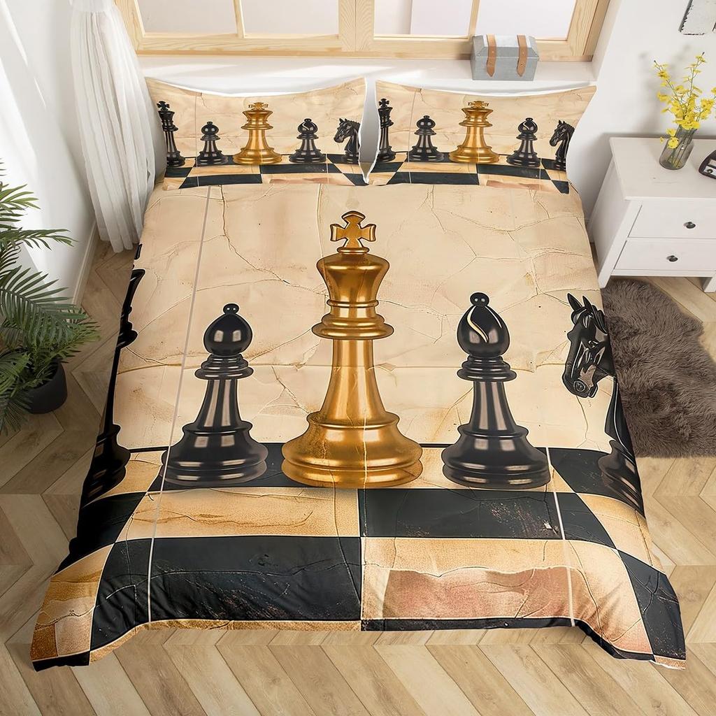 International Chess Duvet Cover for Teens Adults Queen Size Lightweight Down Room Decor 2 Pillowcases 1 Comforter Cover No Quilt
