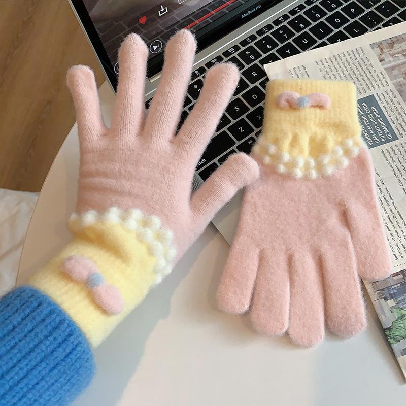 2025 Cute Bow Knitted Plush Gloves Autumn And Winter Warm Five-finger Cute Student Winter Gloves