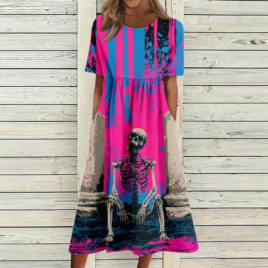 Women's Casual Round Neck Dress with Pockets Halloween Print for Party and Everyday Wear