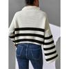 Loose Sweater Women Long Flare Sleeve Striped Zipper Stand Collar Knit Autumn Winter Thicken Warm Pullover