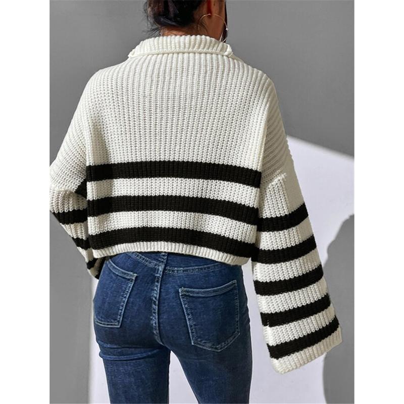 Loose Sweater Women Long Flare Sleeve Striped Zipper Stand Collar Knit Autumn Winter Thicken Warm Pullover