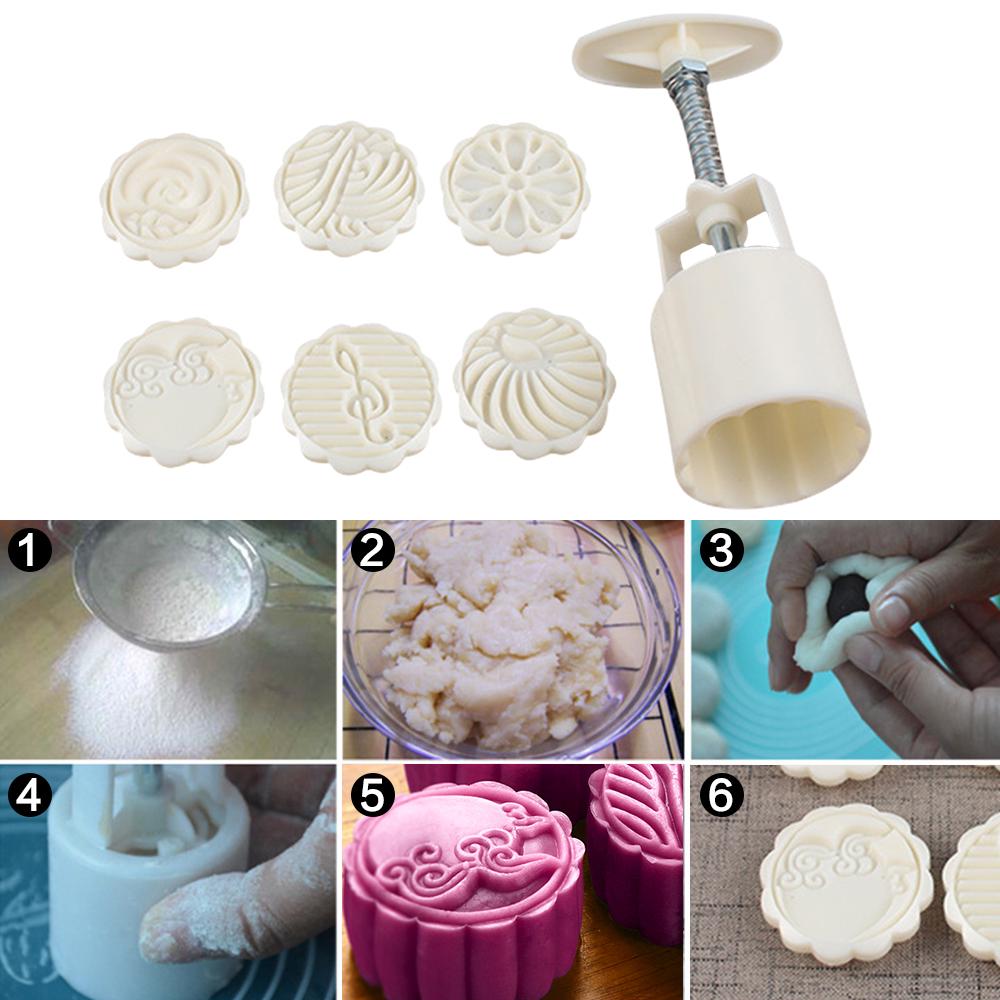 Plasic 7pcsset Round 3d Moon Cake Molds Diy Flowers Pattern 50g Moon Cake Makers Bakery Tools