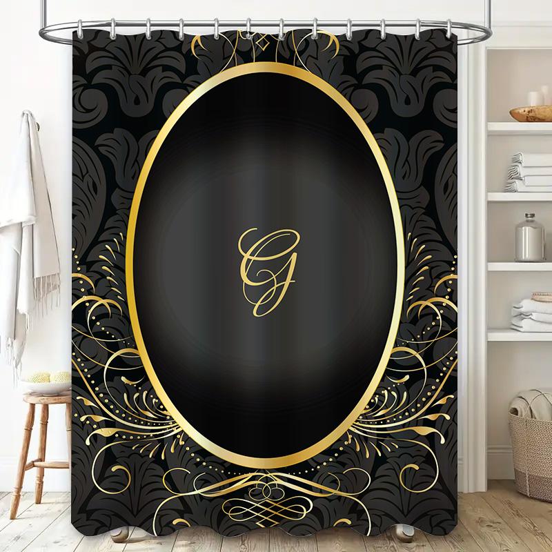 Luxurious Black Gold Bathroom Shower Curtain Decorative Oval Initial Monogram Design for Personalized Home Decor Modern Interior