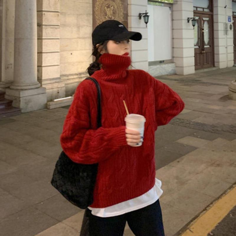 

Новая мода осень свободный свитер с высоким воротом женский элегантный однотонный повседневный теплый пуловер вязаный свитер для женщин зимние винтажные облегающие джемперы 25525 One Size красный