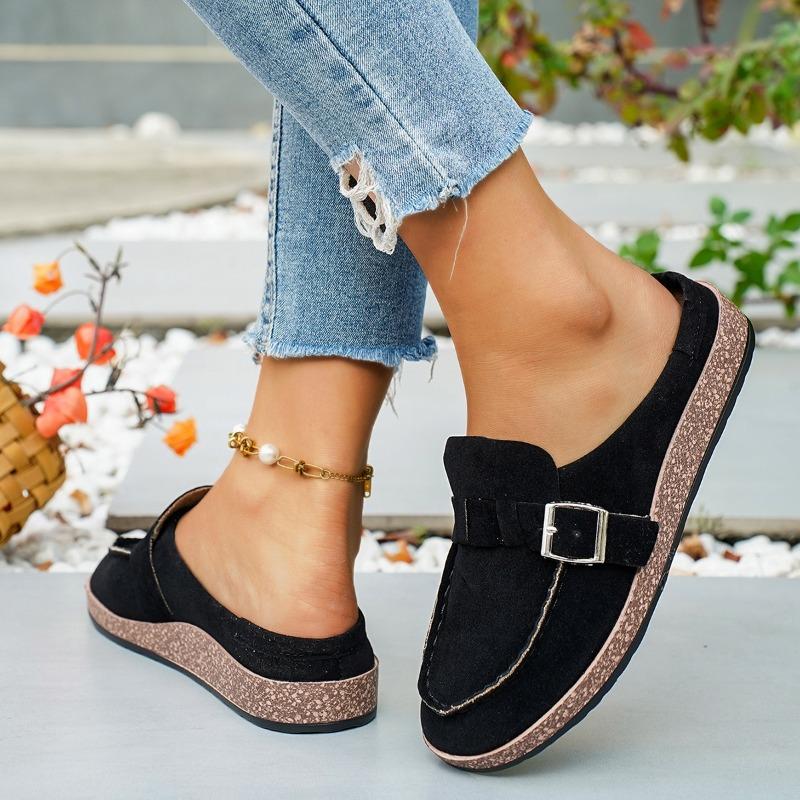 Round Toe Deep Mouth Metal Buckle Wrapped Slippers Winter New Scrub Suede Non-Slip Flat Half-Slip