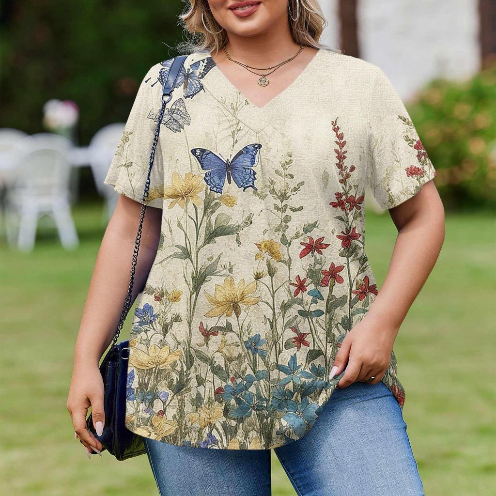 Damska Modna Codzienna Luźna Bluzka Plus Size z Krótkim Rękawem Elegancka z Dekoltem V Do Pracy