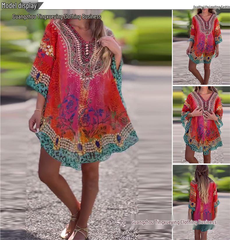 Spring V-Neck Ethnic Print Loose Shirt for Women
