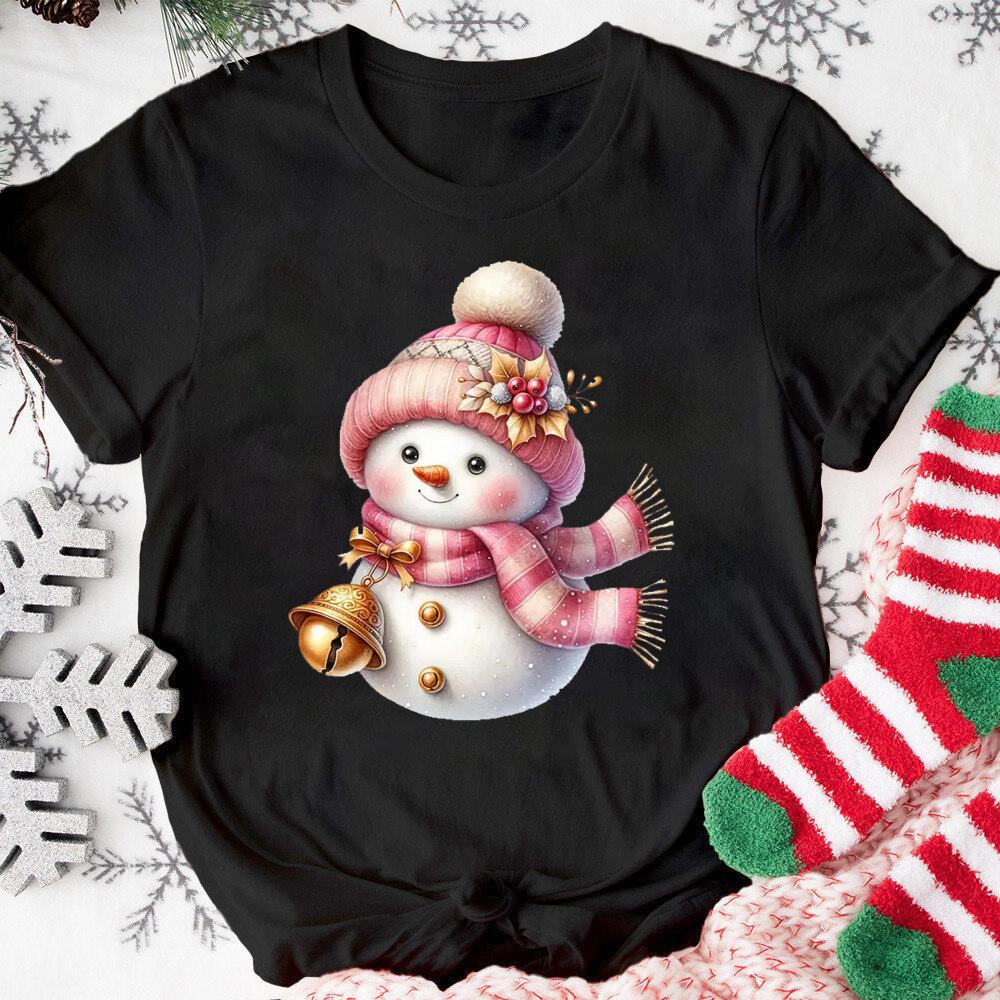 Christmas Pink Snowman T-shirt Christmas Activities TShirts Women Unisex Casual Tops White T-Shirt Graphic TShirt Streetwear
