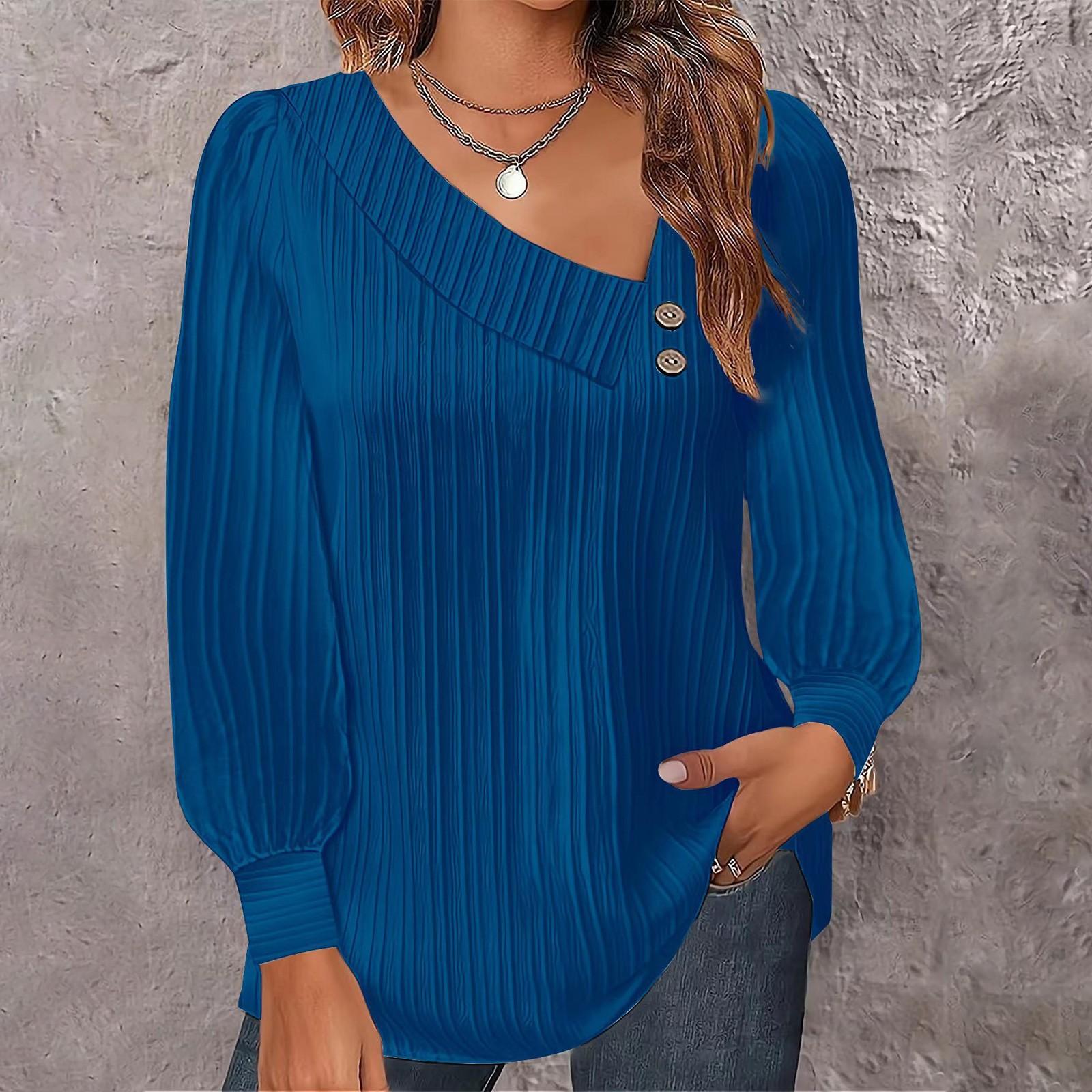 

Жіноча одноколірна сорочка з довгими рукавами з V-подібним вирізом і гудзиками, повсякденна сорочка, топи L синій