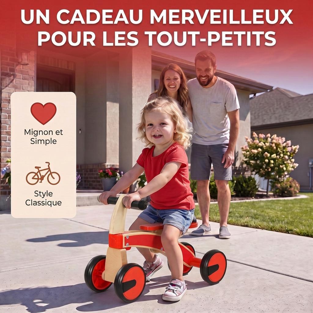 Ride-On Push Car for Children, Without Pedals, EVA Wheels, Backrest, Ages 2-3, Red