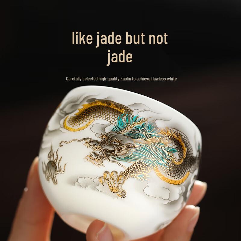 Mutton Fat Jade Porcelain Dragon & Phoenix Teacups