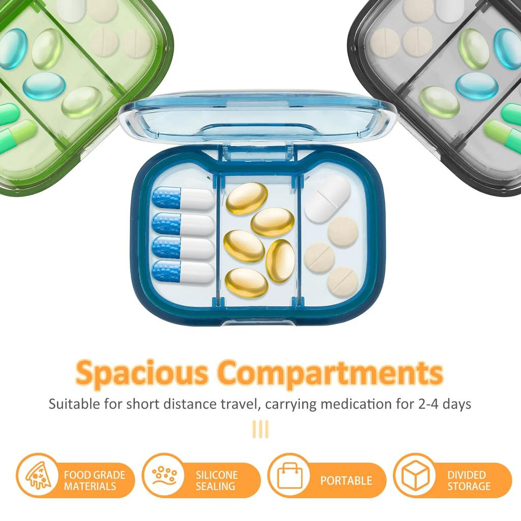 3Pcs 3 Compartment Pill Box Moisture Proof Pill Case Sealing Strip Fit 2-4 Days Travel Pill Organizer Travel Pill Container