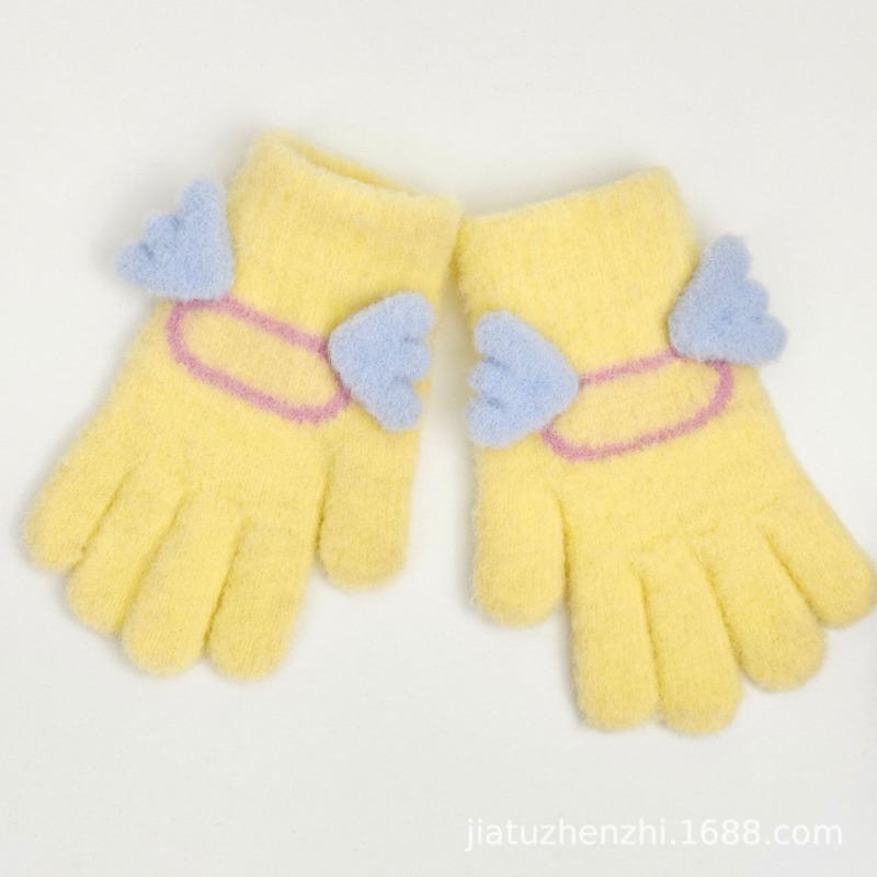 Children's cute gloves five fingers warm angel wings piled and thickened cute children's outdoor travel five fingers