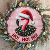 Christmas Flamingo Round Metal Sign Santa Hat Wreath Holiday Door Decor Wall Hanging Outdoor Party