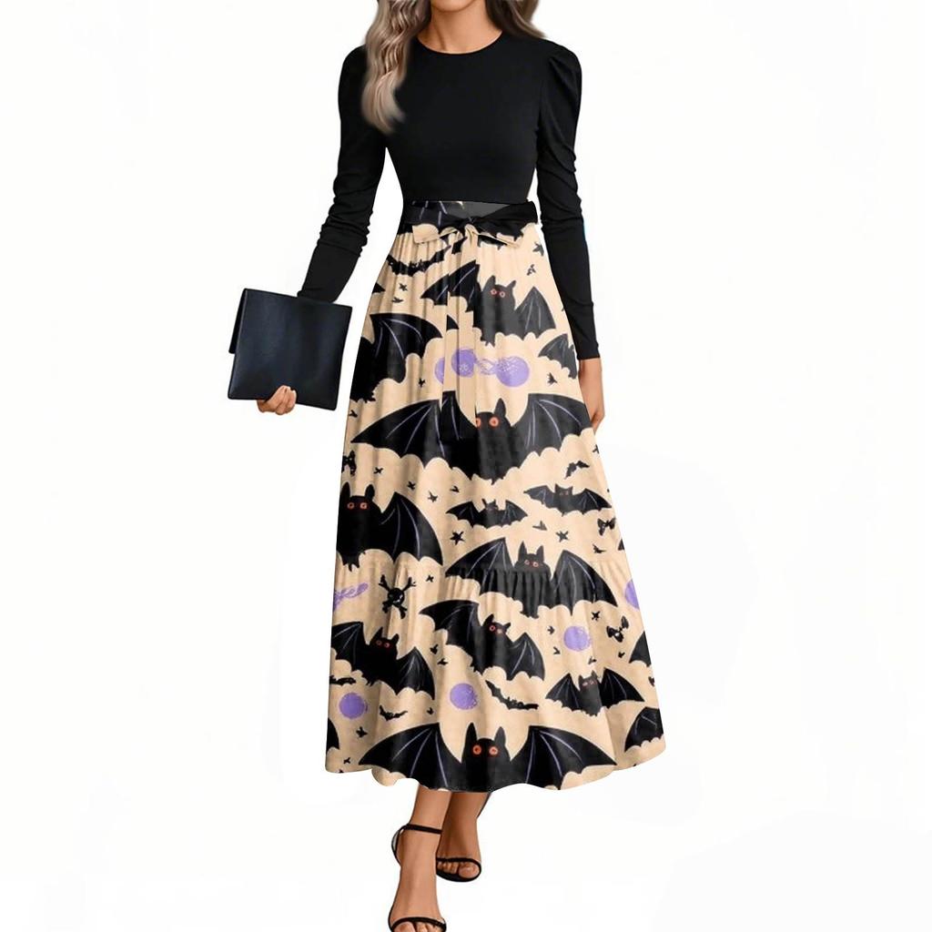 Women's Fashion Casual Belted Long Sleeve Round Neck Halloween Printed Elegant Temperament Dresses