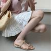 New retro bow pointed head soft leather soft sole small slope heel heightening shoes half drag cool slippers