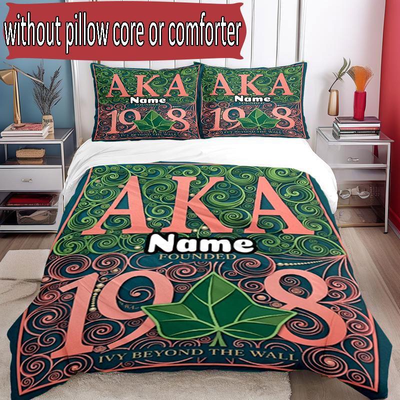 3pcs Duvet Cover Set (1*Duvet Cover + 2*Pillowcase, Without Core), Custom Name Alpha Kappa Alpha Pattern Bedding Set, Home Bedroom Decor Gift