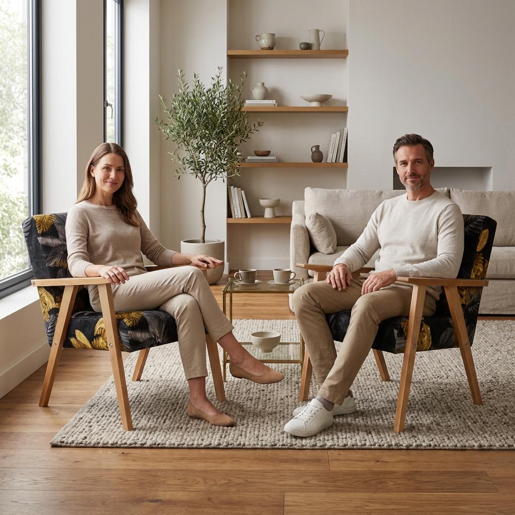 2er-Set Retro-Sessel Soler mit Veloursprints und Holzarmlehnen – Family Meble