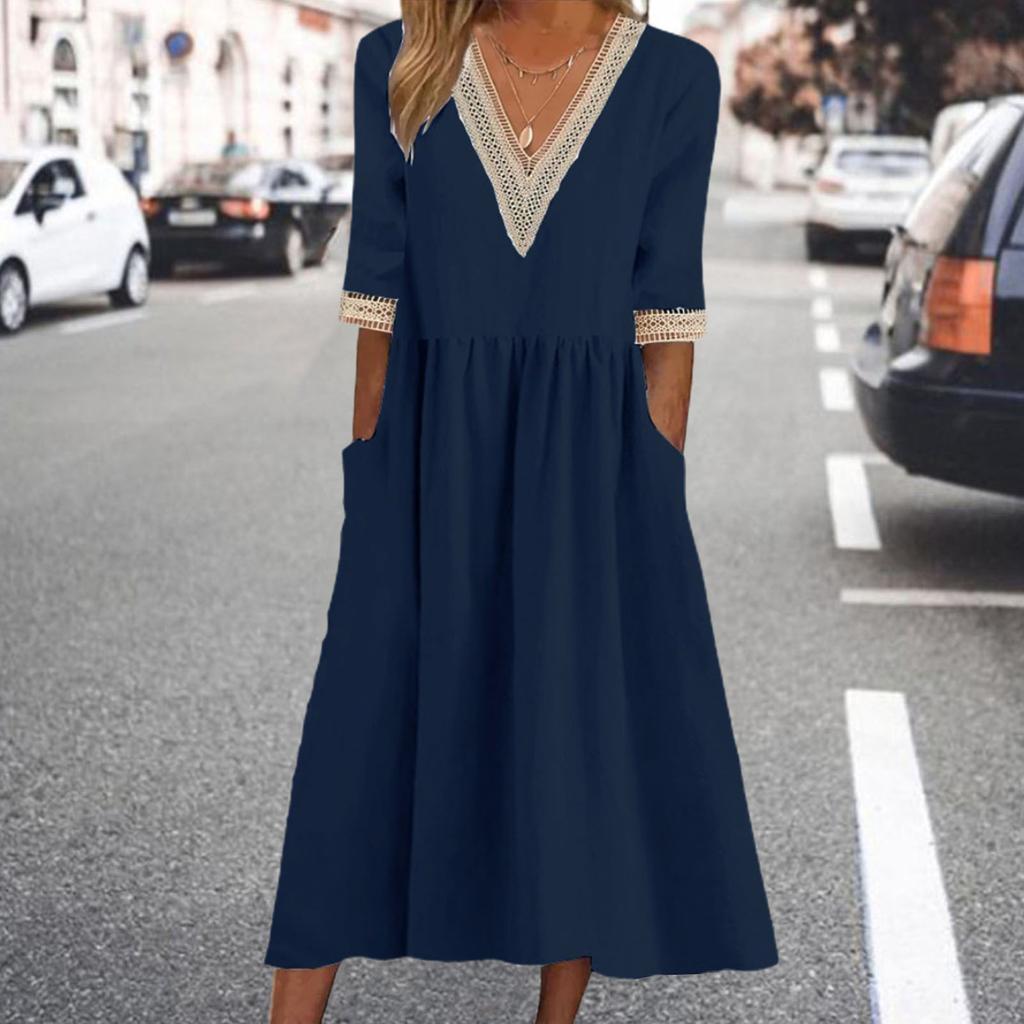 knee length dresses for ladies Lace Ladies All Lace Petit High Neck Half Sleeve Flare Dress