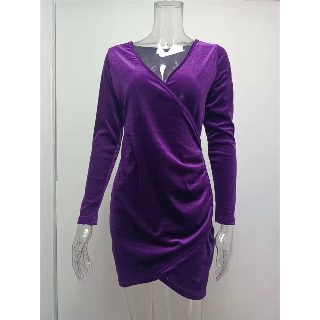 Women's elegant solid color long-sleeved V-neck sexy short dress clothes sale