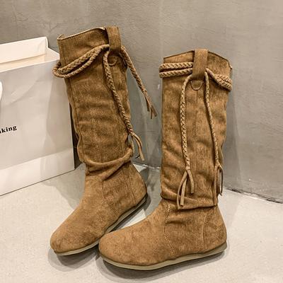 Women Fringe Snow High Boots Suede Flats Knee High Shoes Pleated Trend Luxury Brand Winter Fashion Chelsea Goth Boots Mujer
