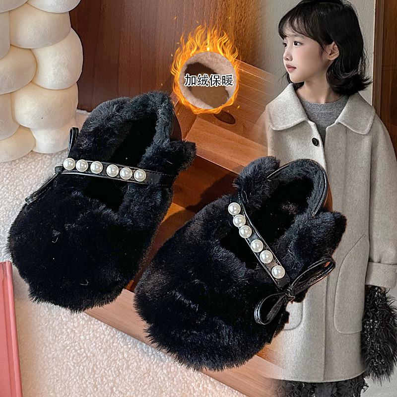 Children's Furry Shoes, Girls' Cotton Shoes, New Autumn and Winter Non-slip Soft-soled Outdoor Shoes with Pearl Bows, Warm Shoes