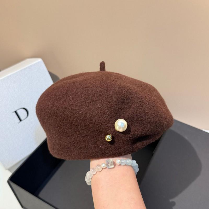 High Quality Light Luxury Irregular Wool Beret Winter Warm Slim Face Pearl Painter Hat