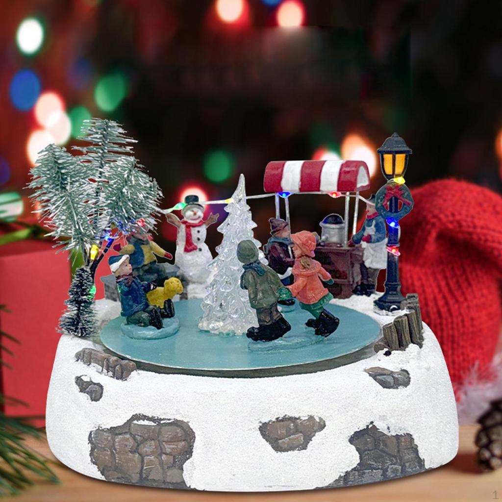 Animated Christmas Village Skating Pond Musical Box for Kids Women Resin Statue Winter Snow