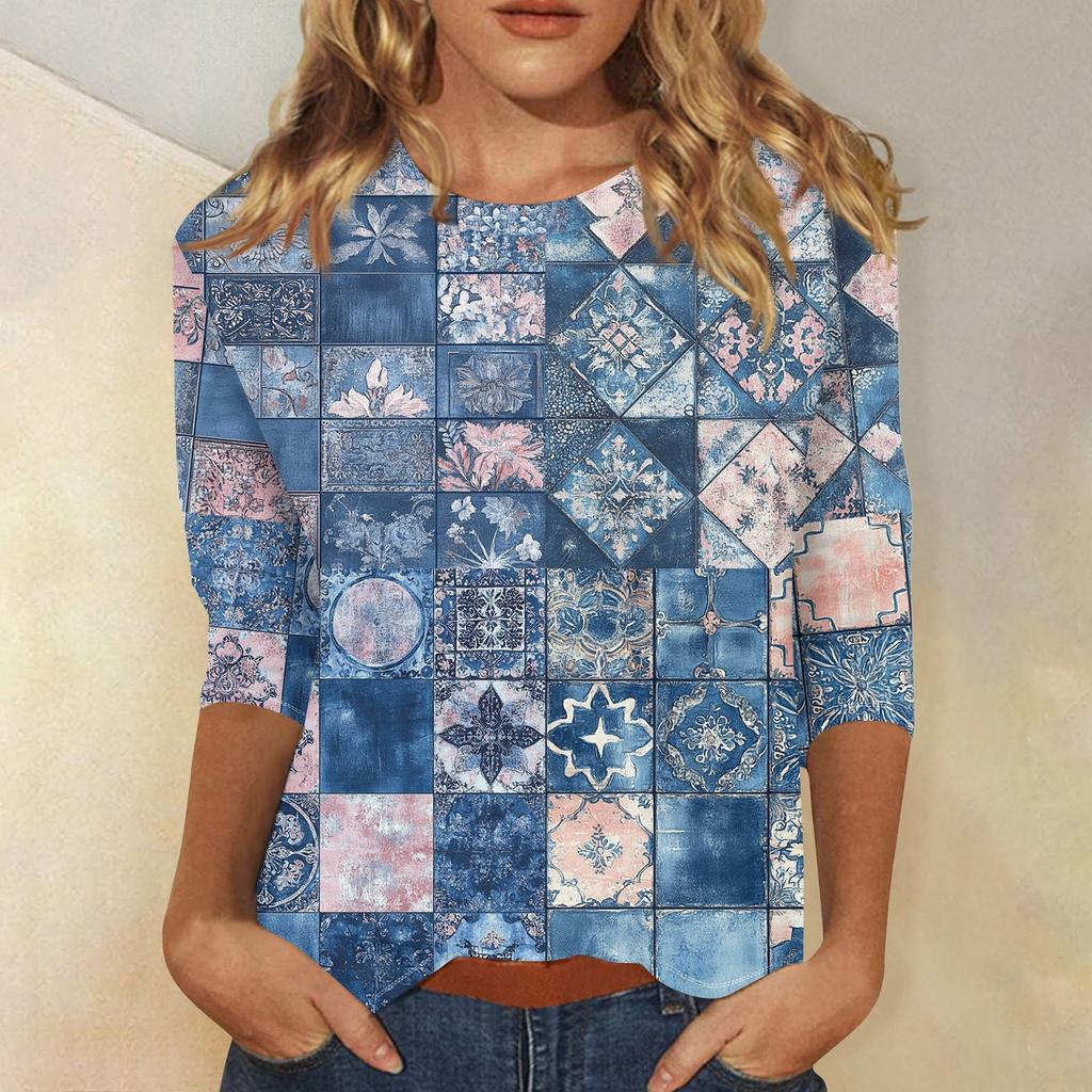 Women's Fashion Casual Three-quarter Sleeve Vintage Floral Print Round Neck Top