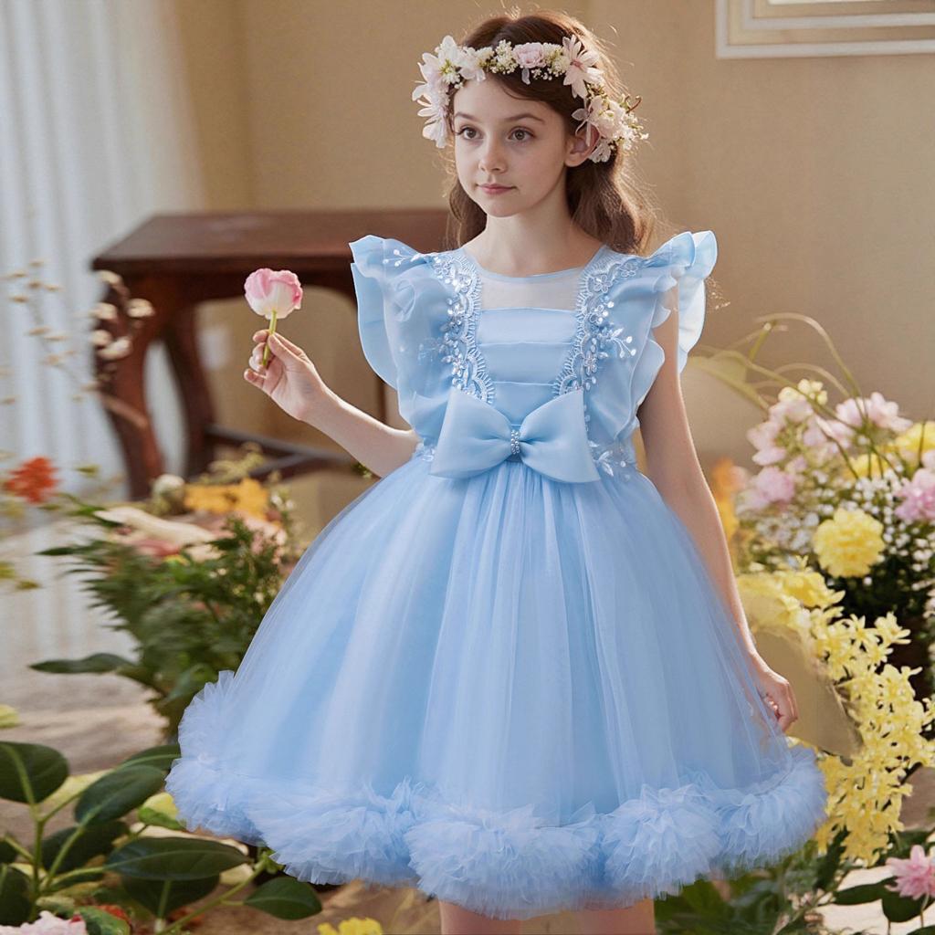 Children's Mesh Gowns Pom Pom Princess Dresses Medium and Large Children's Dresses Dresses Girls' Weekend Costumes  Girl's Favourite Dress