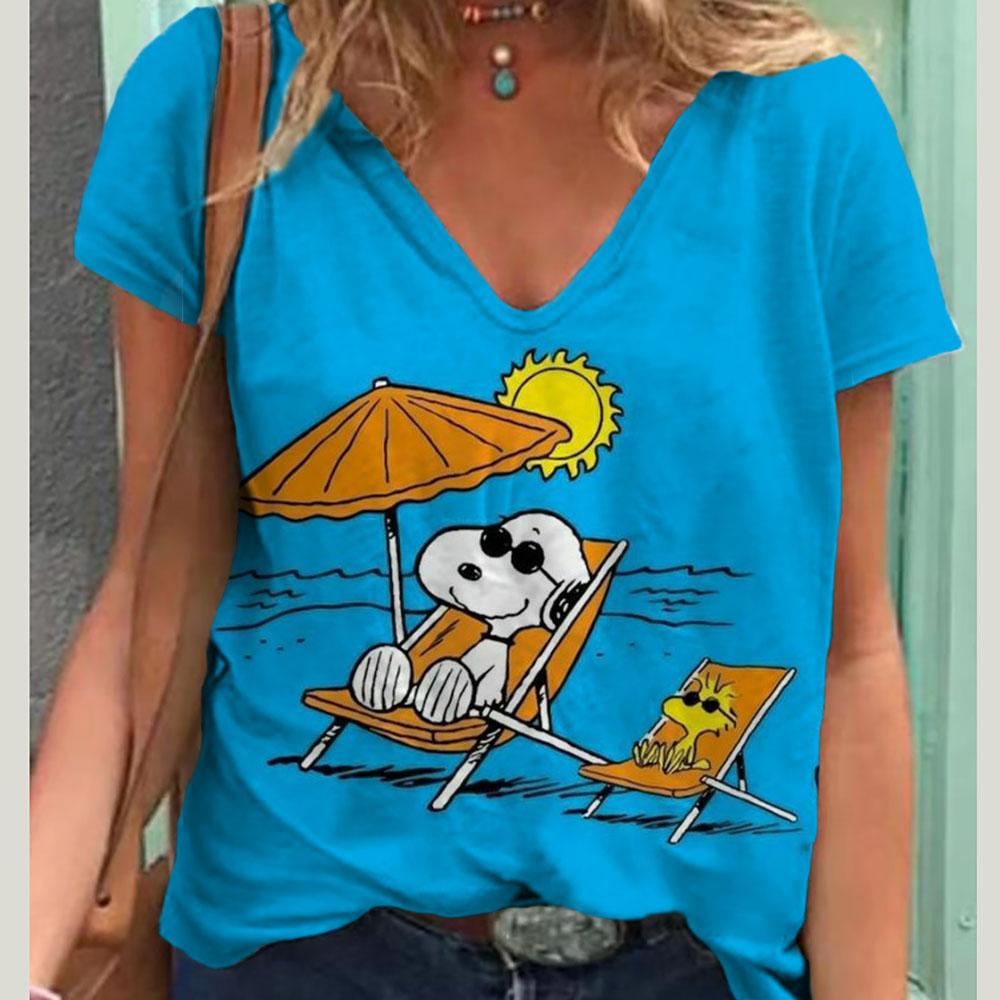V-Neck Women's Sexy T-shirts Short Sleeve Breathable Simple Snoopy Cartoon Print Tops T-shirt Fun Patterns 15 Color Pullover Top