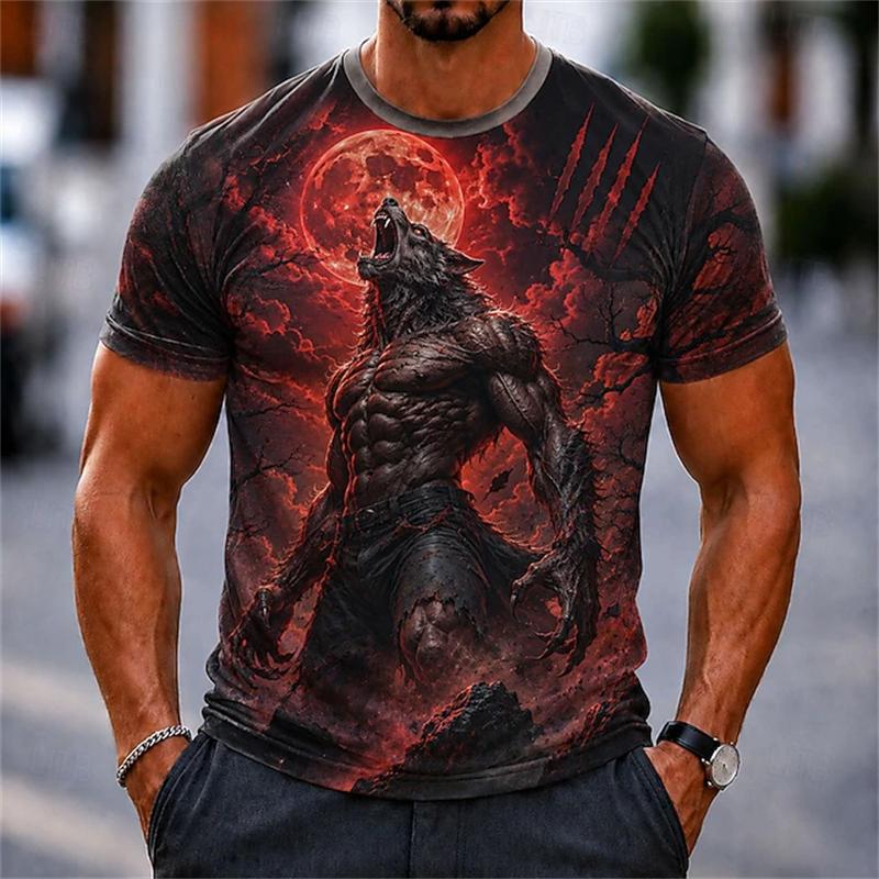 Men's Summer 3D-Printed Round-Neck Short-Sleeve T-Shirt with Tear-Art Pumpkin Scarecrow Beer and Halloween Horror Theme