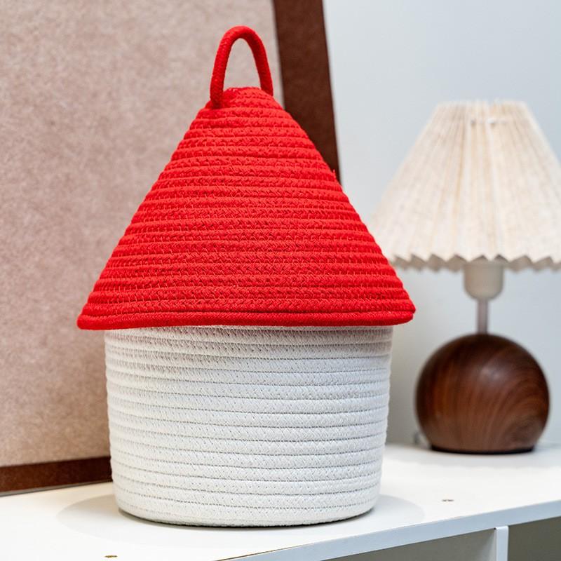 Cotton Knit House-Shaped Storage Basket With Lid Desktop Organizer Jewelry Makeup Cables Books