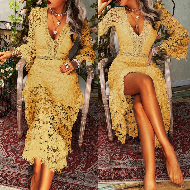 BITCED Jesień Seksowna Przezroczysta Koronka Długi Rękaw Dekolt V Duża Sukienka Rozkloszowana Długa Sukienka Kobiety