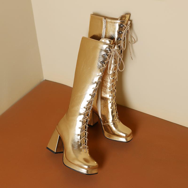 Q/Damen-Stiefel mit hohen Absätzen, Herbst und Winter, neue Mode, dicker Absatz, übergroße, vielseitige Ritterstiefel