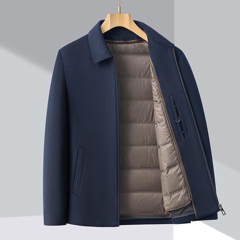 Men's Wool Jacket with Detachable Down Liner - Short Lapel Coat for Middle-aged & Elderly