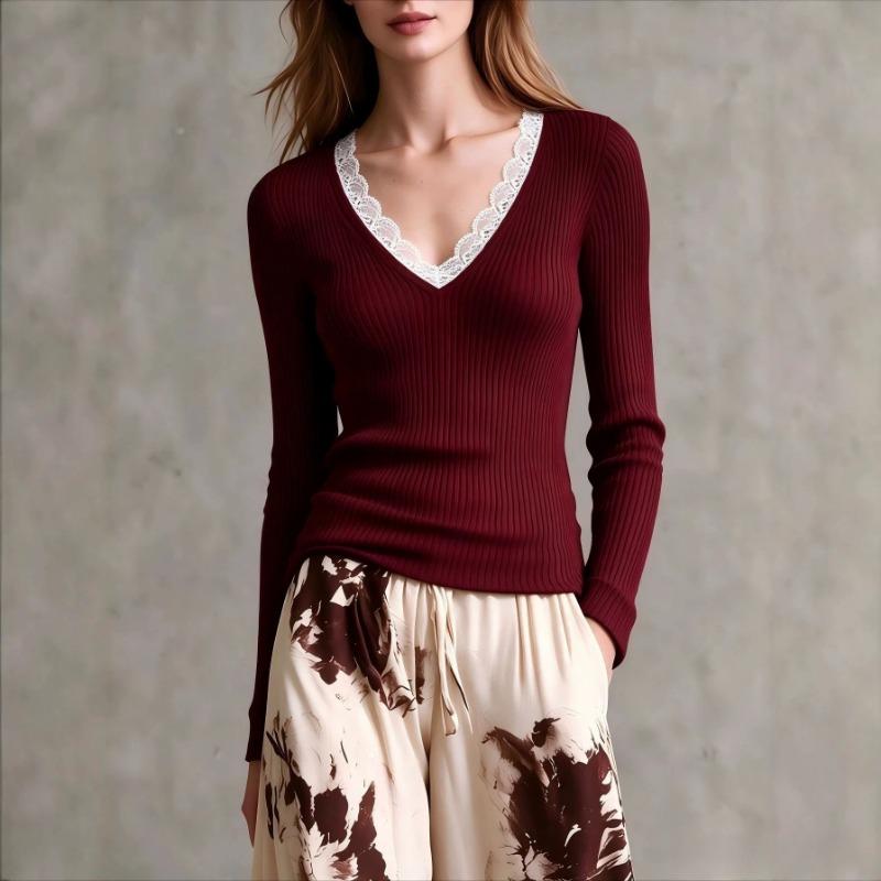 Women S Vintage Lace Splicing Knit Top V Neck Slim Fit Long Sleeve