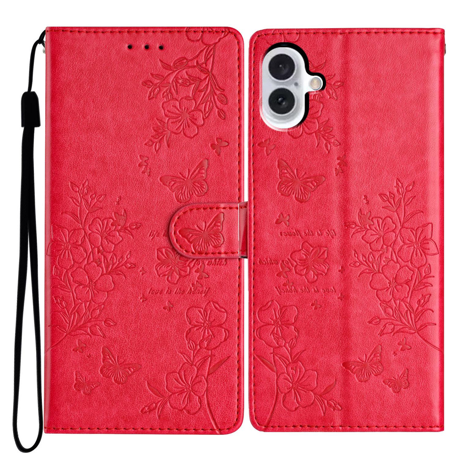 

For iPhone 16 Wallet Case Butterfly Floral Imprint Leather Stand Phone Cover