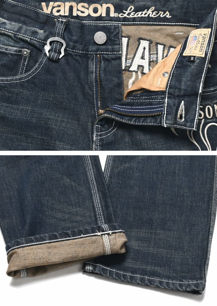 Vanson Cross Piston Fully Distressed Denim Jeans, Skull, Embroidered, Pants, SP-B-32 (Size 34, Indigo)