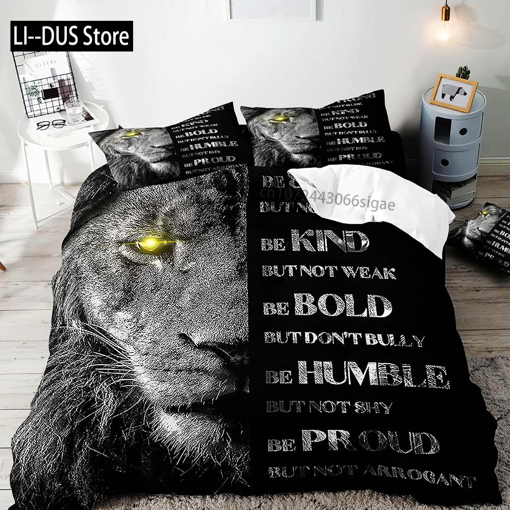 3PCS Lion King & Queen Bedding Set African Safari Animal Black Bedding Comforter Cover Bedroom Decor for Couples Full Size
