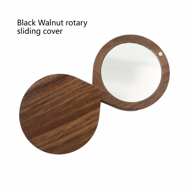 Mini Black Walnut Wood Makeup Mirror Foldable Rotatable Rotating Cosmetic Mirror Magnetic Closure Handheld Compact Pocket Mirror
