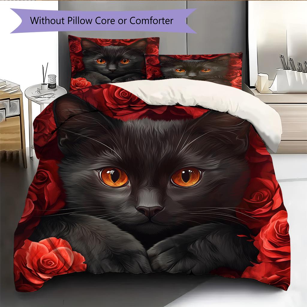 Bombay Cat and Rose Pattern Bedding Home Decoration Birthday Gift (1 * duvet cover + 2 * pillowcase, without core)