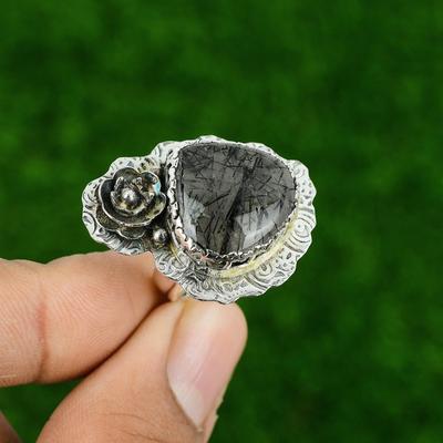 Black Rutile Stone 925 Sterling Silver Bezel Flower Sister Promise Art Deco Ring