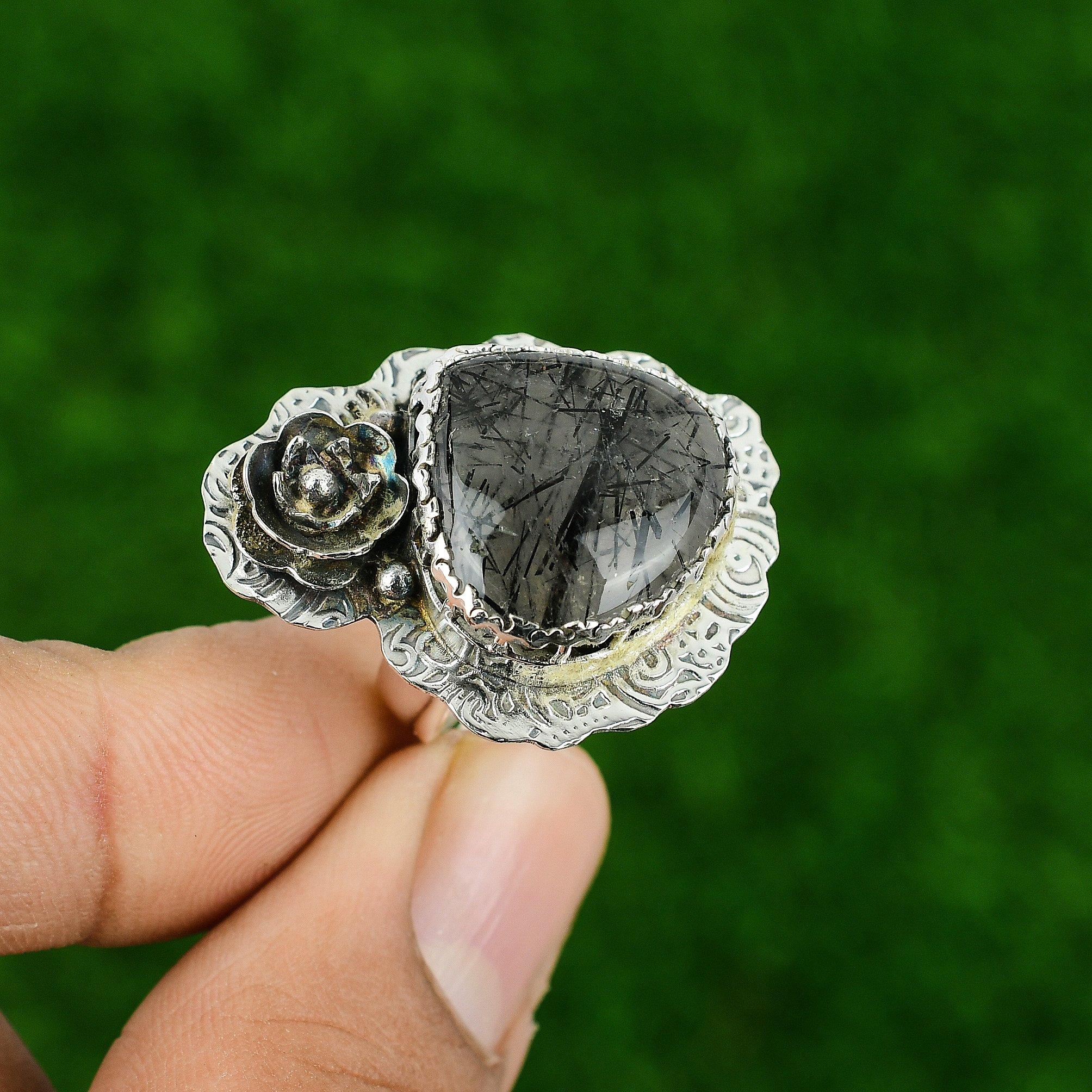 

Кольцо Арт-деко из стерлингового серебра 925 пробы с черным рутиловым камнем в безеле в виде цветка, обещание сестры Adjustable