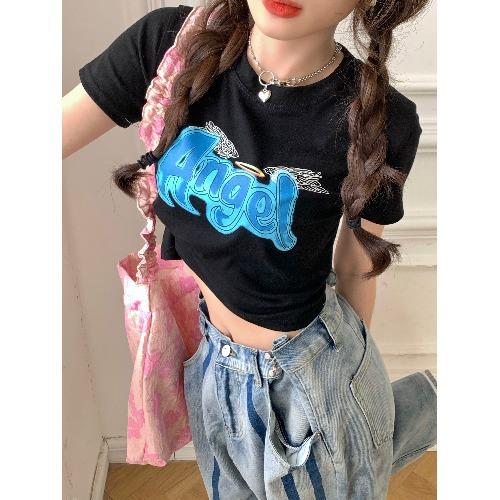 

Корейская горячая короткая белая футболка с надписью для женщин летом, новый стиль, модный тонкий топ с короткими рукавами 2XL