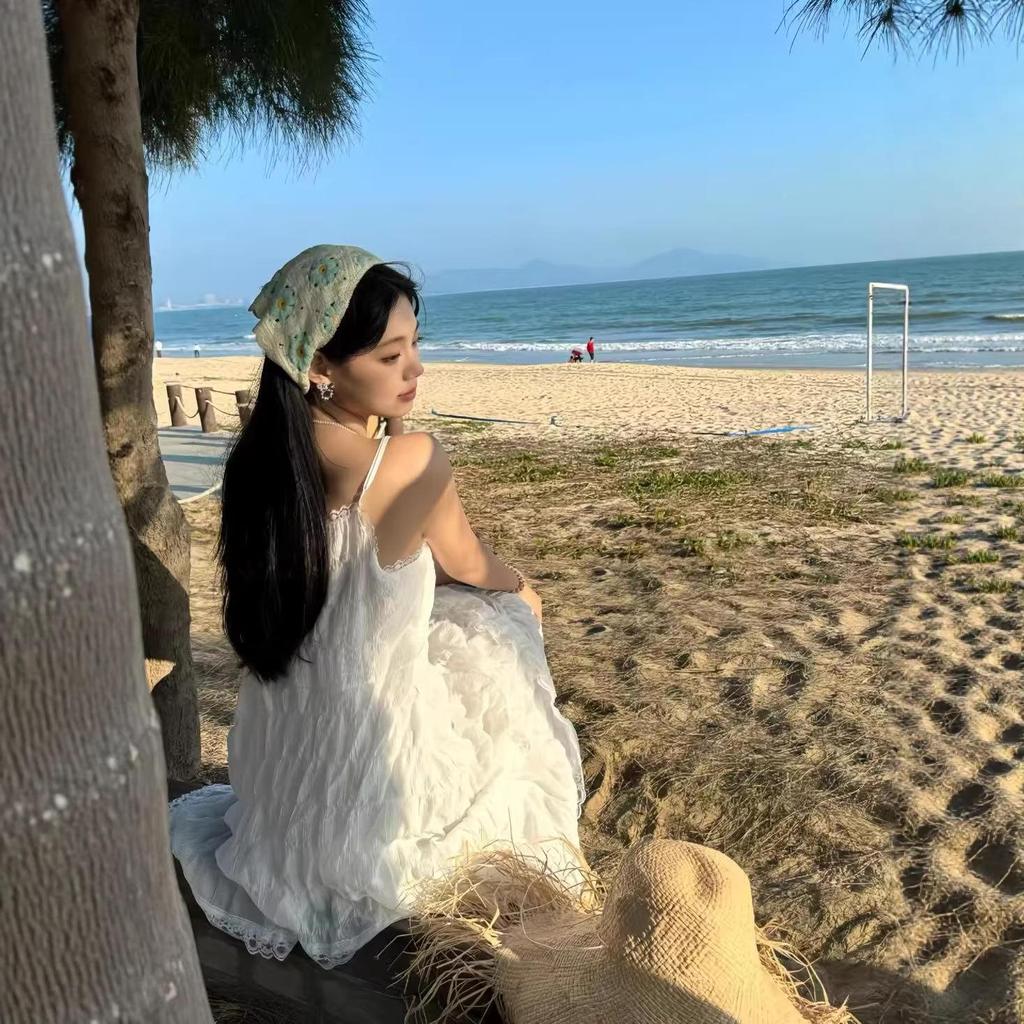 Elegante Vestito da Spiaggia Bianco Senza Maniche Stile Fata Francese per Donna